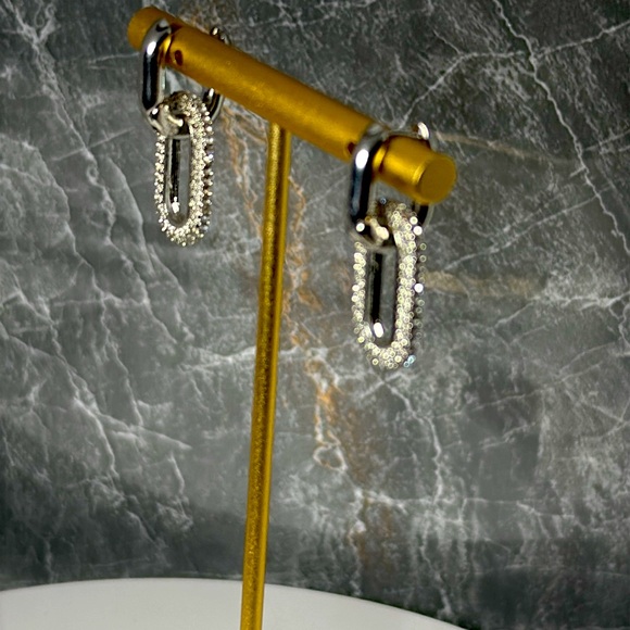 Double Hoop CZ Drop Silver Tone Earrings - Picture 4 of 5